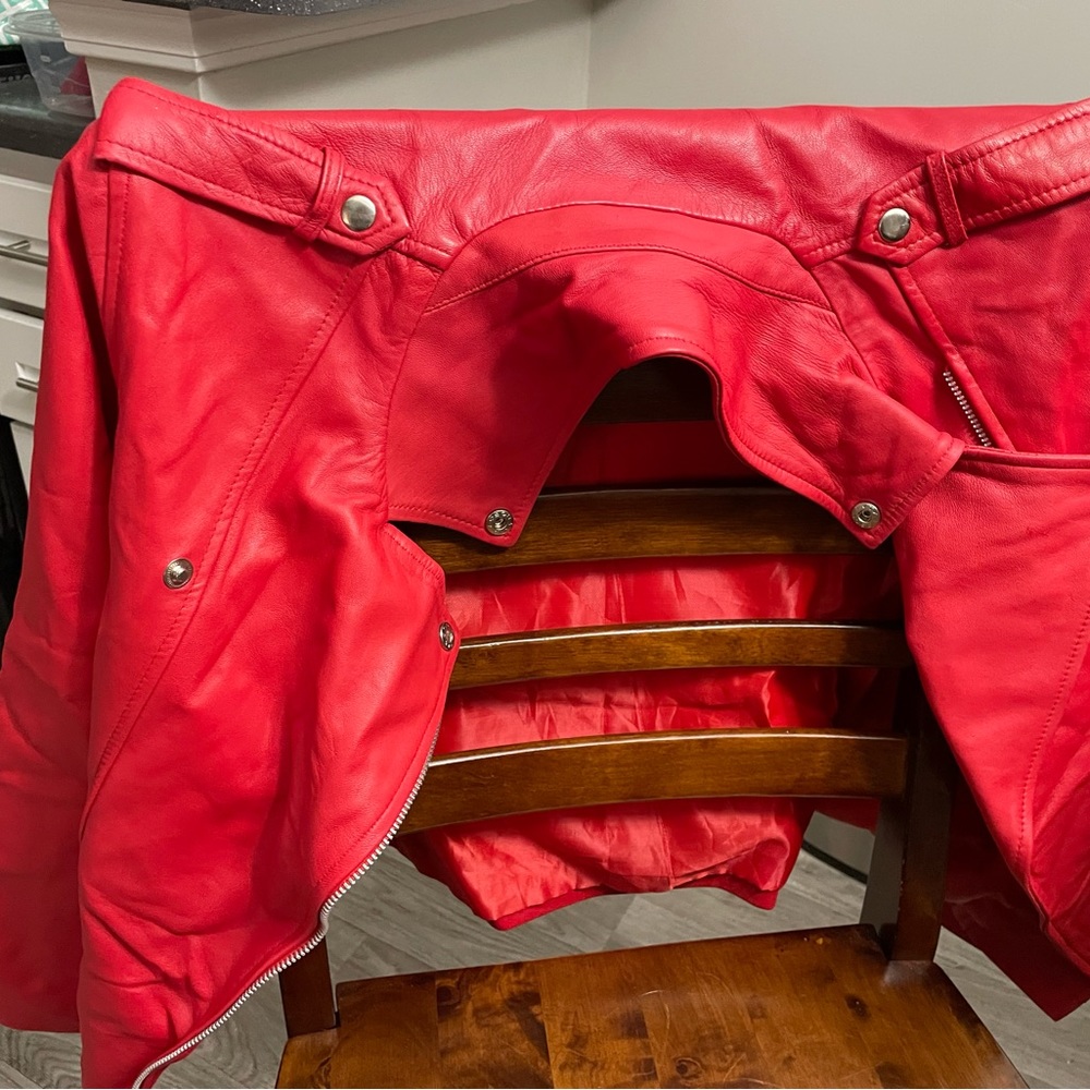 Red Leather Jacket With Embroidered Patch - image 2